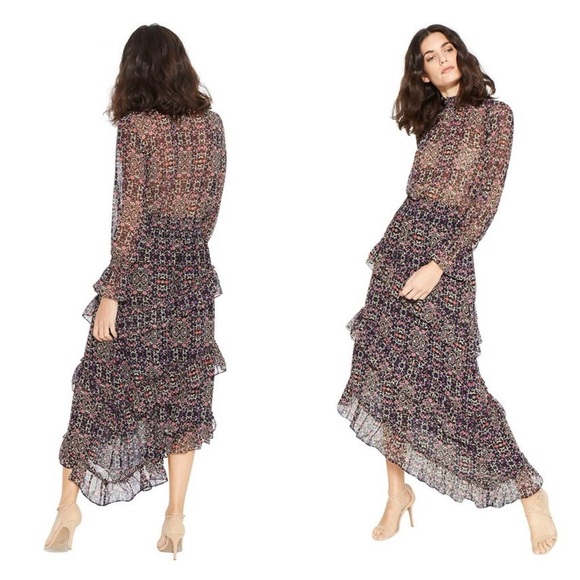 Misa Raina asymmetrical midi dress size XS mixed ditsy floral ruffle mock neck - Picture 2 of 13